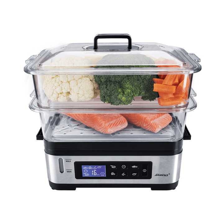Aparat de gatit cu aburi Steba Germany, capacitate 6 litri, 2 zone de gatire, 5 programe automate, display LCD, pastreaza vitaminele si mineralele, timer, mentinere la cald, oprire automata, indicator nivel apa, include recipient pentru orez, inox