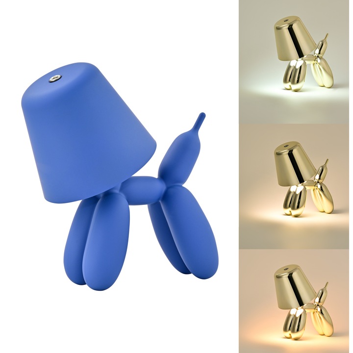 Lampa de birou LED reincarcabila BALLOON DOG, dimmer tactil, 3 temperaturi de culoare, incarcare USB, H18cm, albastru