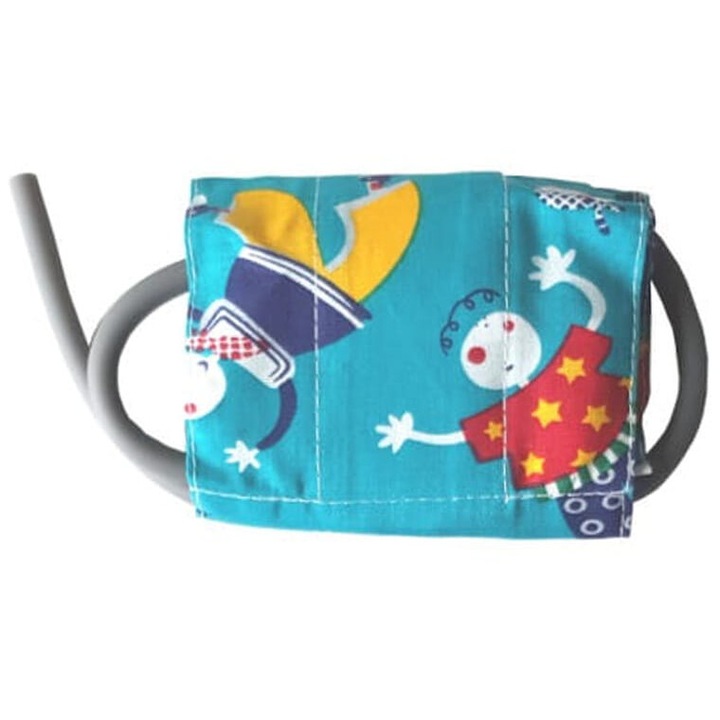 Manseta pentru tensiometru copii, Ratujesz, Bumbac, Tub PVC, Circumferinta 18.4-26.7cm, 10 x 33 cm, Albastru/Gri