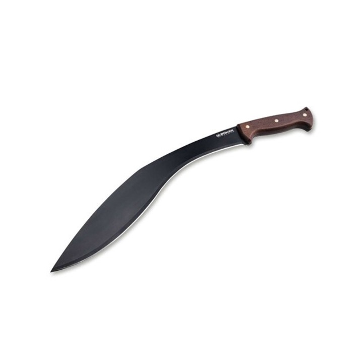 Maceta Boker Magnum Kukri, lama otel 420, acoperire protectoare neagra, maner ergonomic din lemn, ideala pentru bushcrafting, camping, drumetii, supravietuire, lama utilitara robusta si flexibila, cu teaca din nailon, 40cm lungime