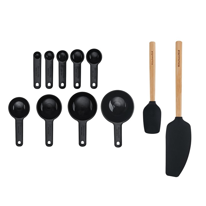 Set 11 ustensile de bucatarie, KitchenAid, maner bambus, negru, rezistente la temperaturi ridicate
