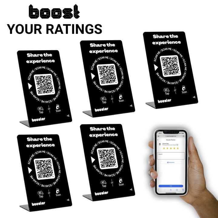 Koppintson a Google Review Stand elemre – Koppintson az azonnali értékelésekhez – minden kompatibilis telefon – Újrafelhasználható Smart Tap NFC és QR – Boost Business Reviews 5-Pack