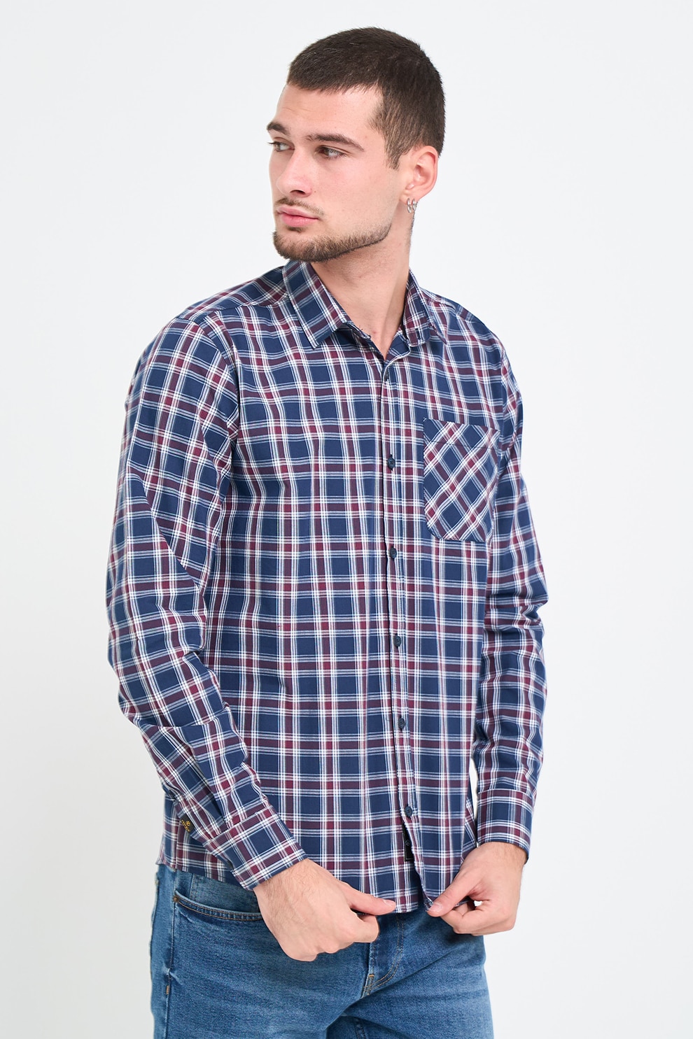 KVL by KENVELO, Camasa de bumbac cu model in carouri, Alb, Rosu inchis, Bleumarin, S