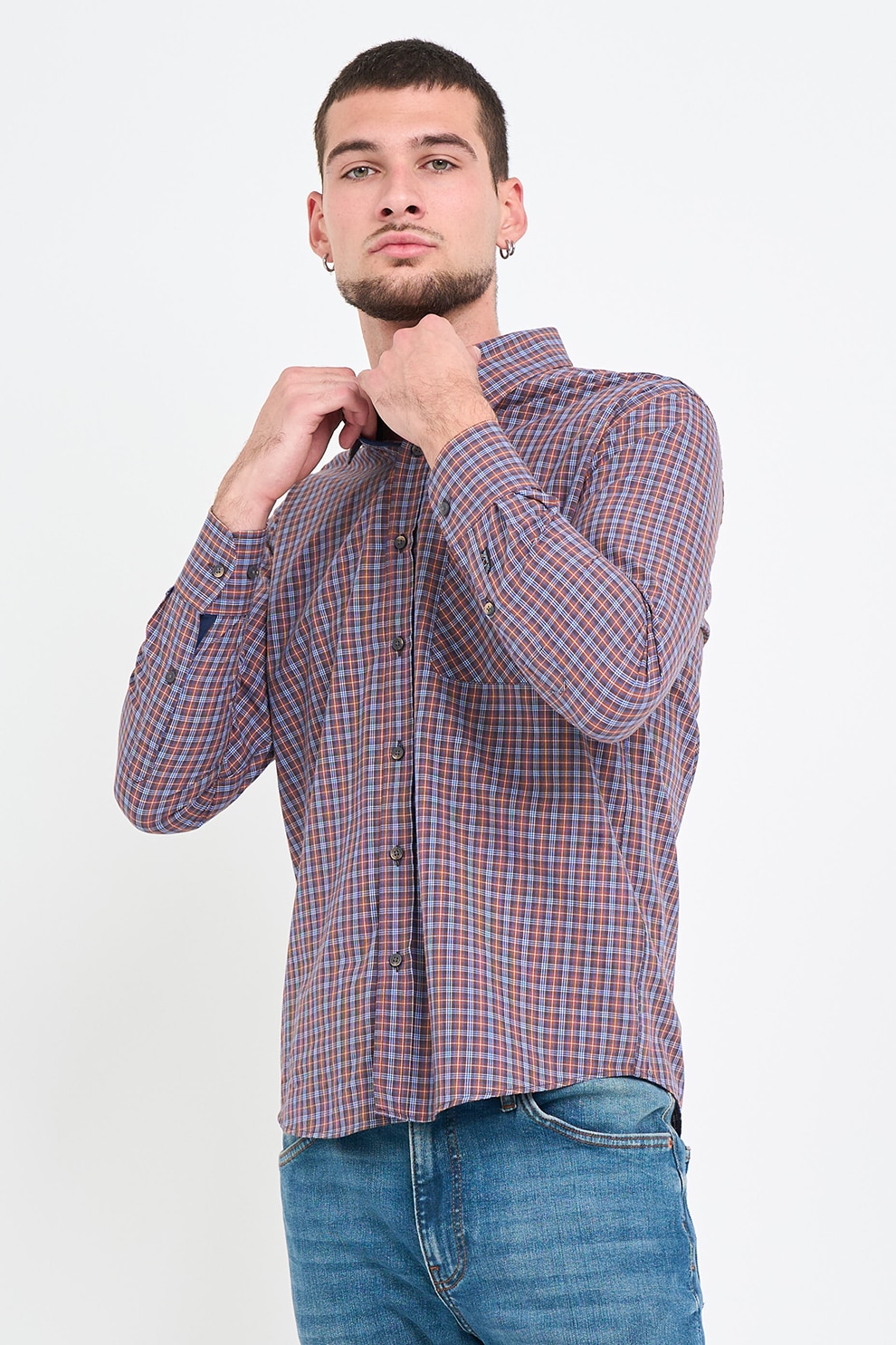Lee Cooper, Camasa de bumbac cu model in carouri, Alb, Albastru royal, Caramiziu, M