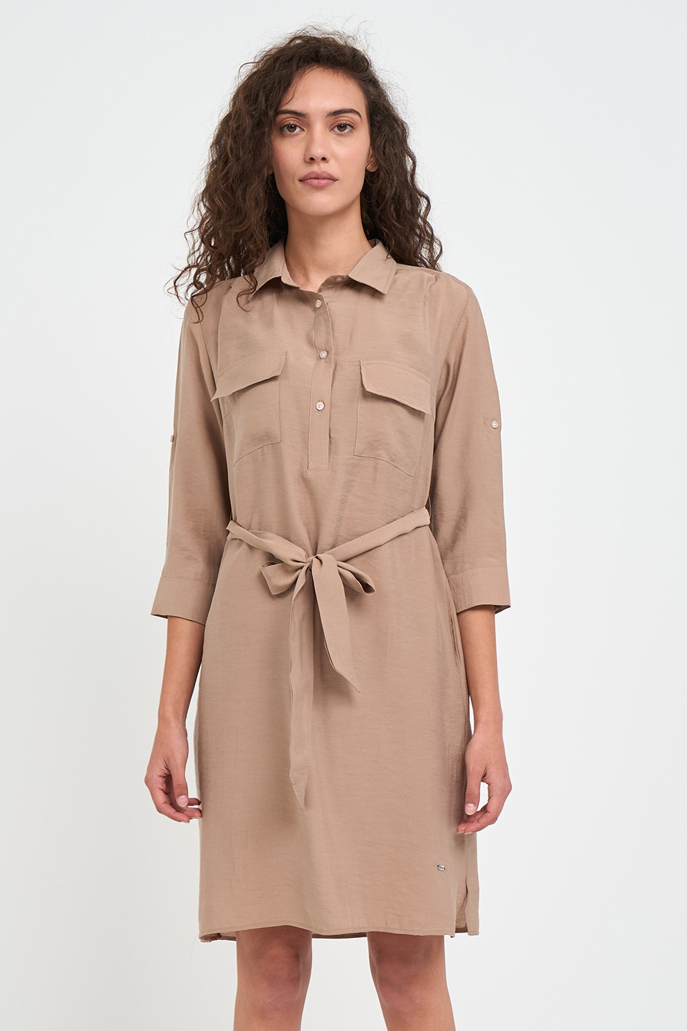 TIMEOUT, Rochie dreapta din amestec de modal cu cordon in talie, Maro deschis, S