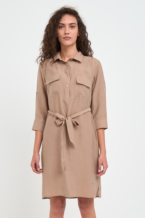 TIMEOUT, Rochie dreapta din amestec de modal cu cordon in talie, Maro deschis