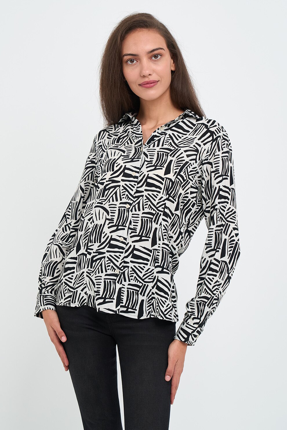 KVL by KENVELO, Camasa regular fit cu model, Alb, Negru stins, M