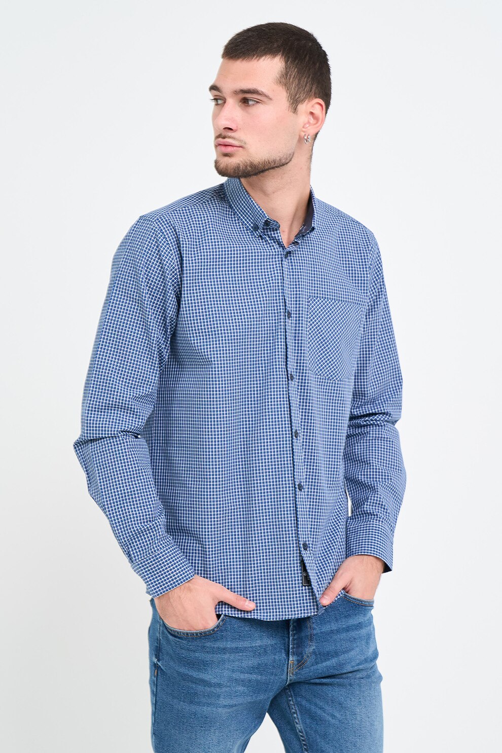 KVL by KENVELO, Camasa de bumbac cu guler fixat cu nasturi, Alb, Albastru royal, XL