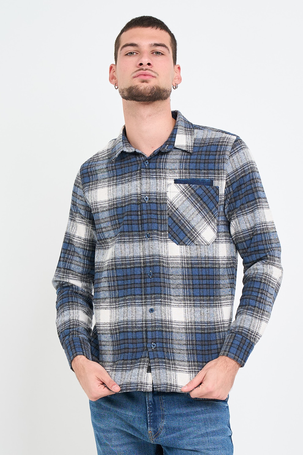 KVL by KENVELO, Camasa regular fit cu model in carouri, Gri, Albastru inchis, Alb murdar, XL