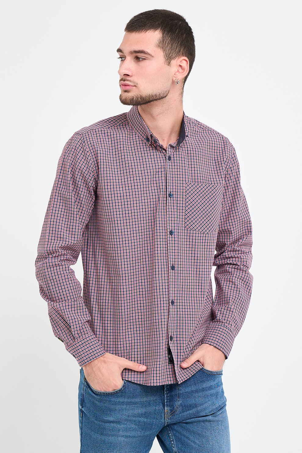 KVL by KENVELO, Camasa in carouri cu guler fixat cu nasturi, Rosu, Albastru inchis, Alb murdar, XL