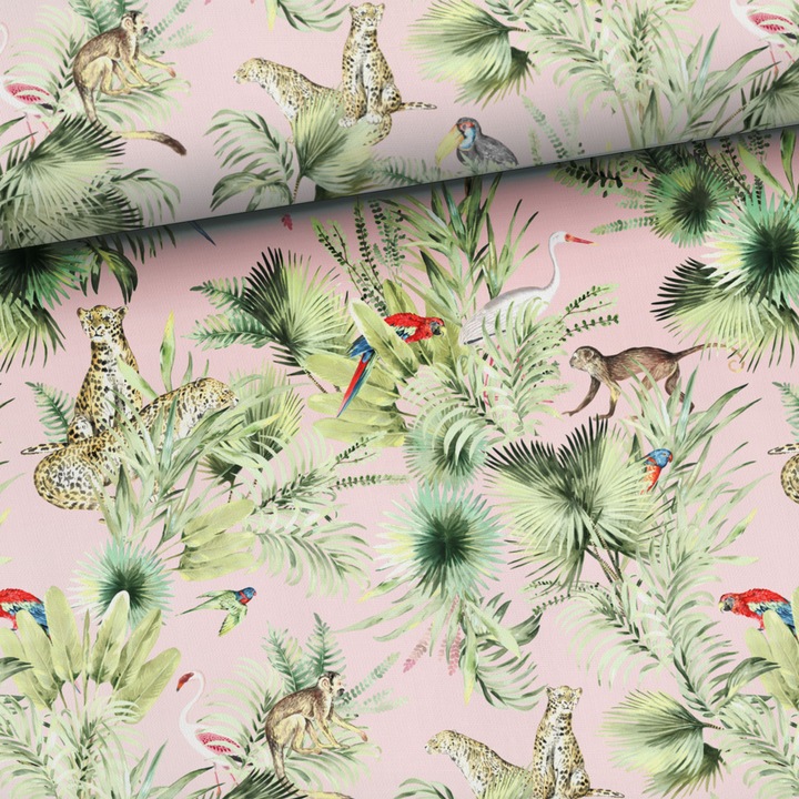 Material textil, Tricot french terry, Tricot trening imprimat Tropice de trandafiri, bumbac 95%, elastan 5%