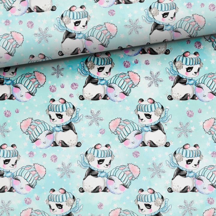 Material textil, Tricot french terry, Tricot trening imprimat Jocuri de iarna: Panda, bumbac 95%, elastan 5%