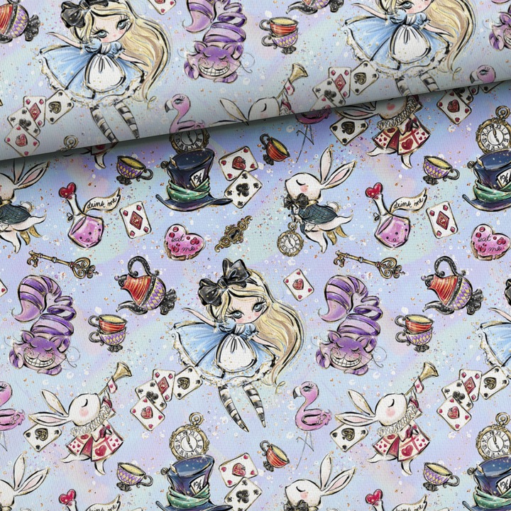 Material textil, Bumbac imprimat Alice in Tara Minunilor, bumbac 100%