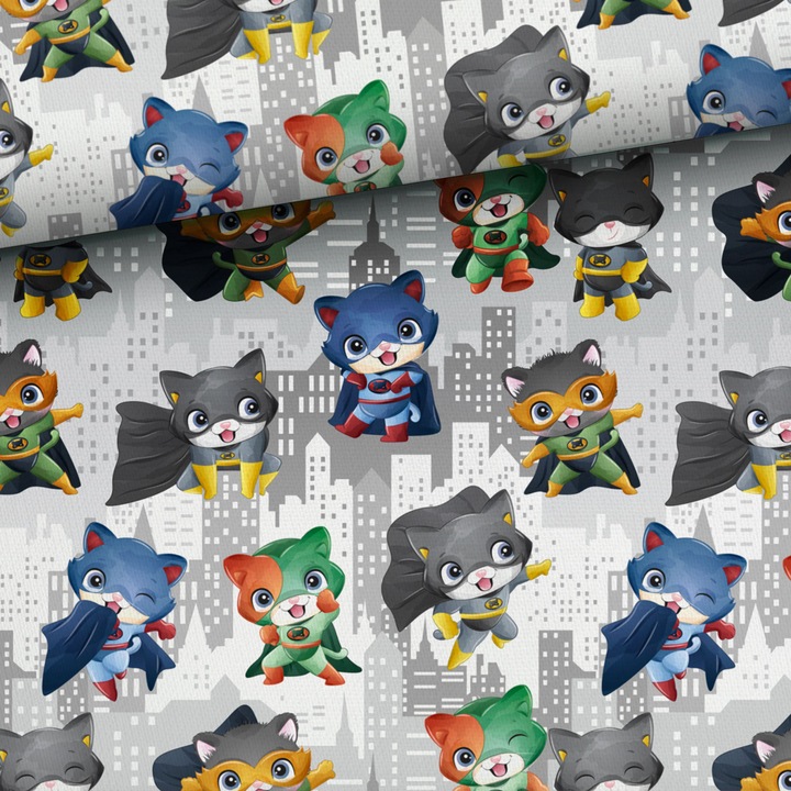 Material textil, Tricot french terry, Tricot trening imprimat Hero Cats, bumbac 95%, elastan 5%