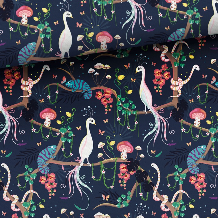 Material textil, Tricot french terry, Tricot trening imprimat Enchanted forest, bumbac 95%, elastan 5%