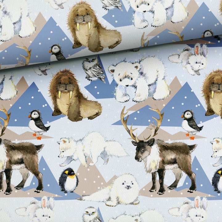 Material textil, Tricot french terry, Tricot trening imprimat Animale polare, bumbac 95%, elastan 5%