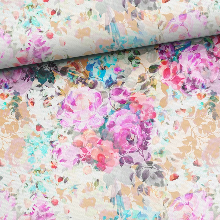 Material textil, Tricot french terry, Tricot trening imprimat Pastel mood flowers, bumbac 95%, elastan 5%