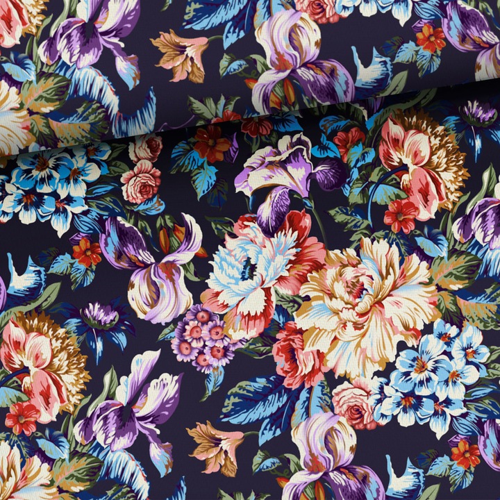 Material textil, Tricot french terry, Tricot trening imprimat Old tapestry flowers, bumbac 95%, elastan 5%