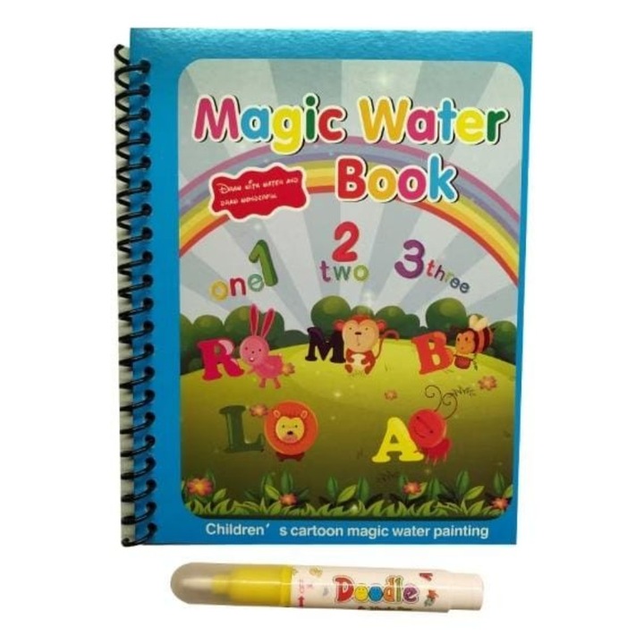 Carte magica de colorat Mixbo, Litere si cifre, stilou reutilizabil cu apa, 8 pagini, multicolor