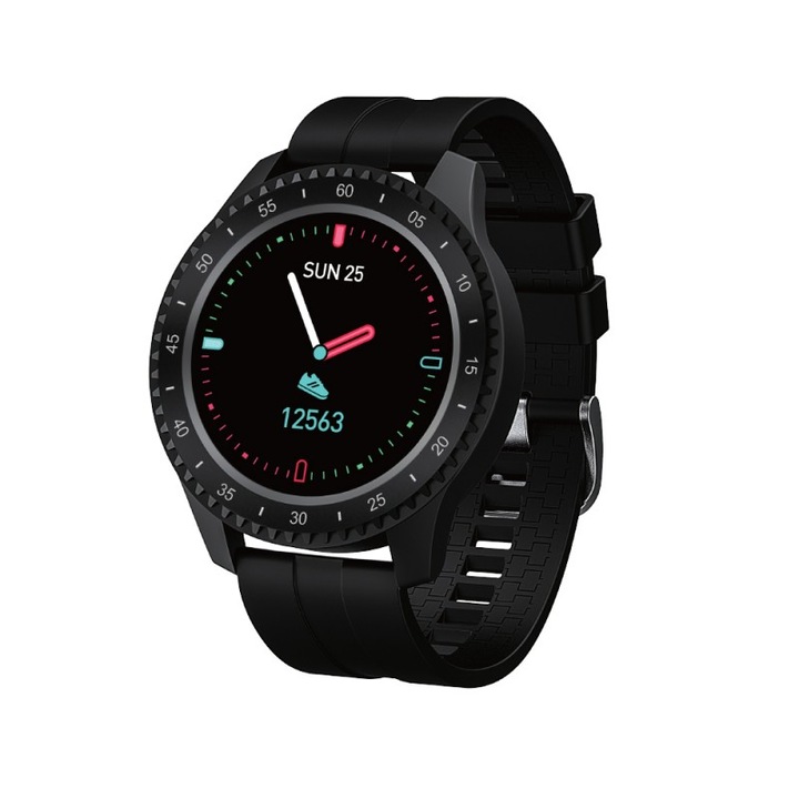 Ceas smartwatch barbati, rezolutie Full HD, inteligent, fitness, sport smart, notificari, alarma, wireless, monitorizare ritm cardiac curea silicon, negru