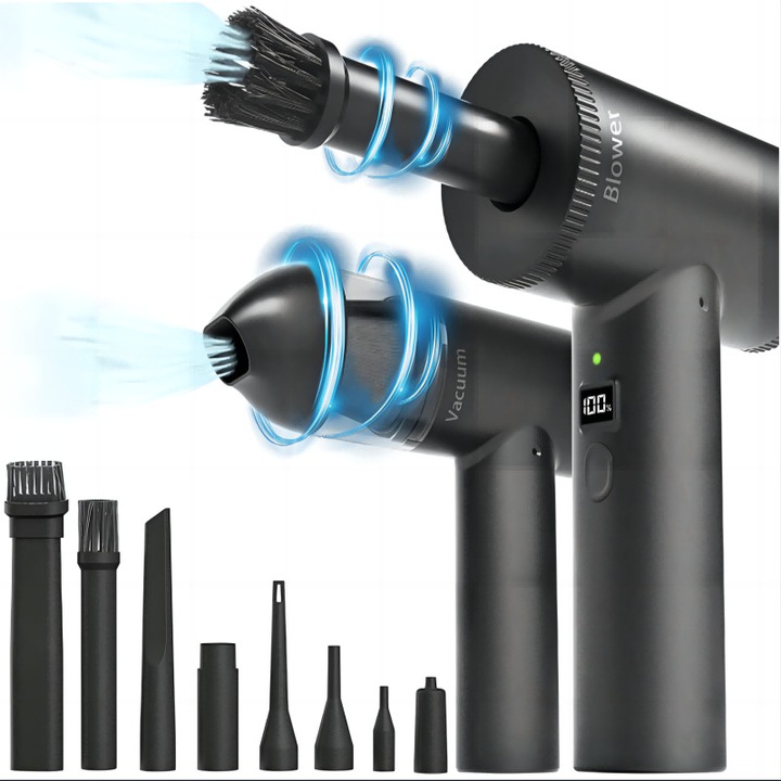 Aspirator multifunctional GUP 2-in-1 portabil pentru suflarea si aspirarea prafului, utilizare auto si casnica, motor DC fara perii, 90W, 90000RPM 12000Pa, 7500mAh, utilizare pana la 35 de minute, husa de protectie, negru