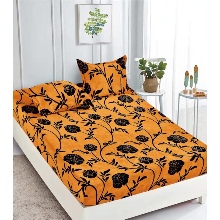 Set Husa Cocolino Premium Pufoasa cu Elastic, 3 piese, Husa si Doua fete de perna, Maro cu Flori, 180x200cm