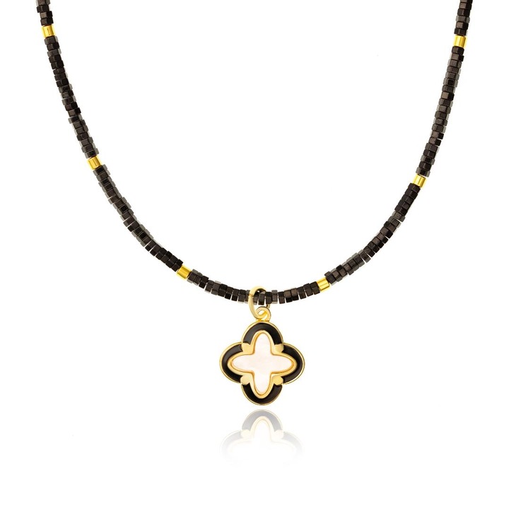 Colier handmade negru din hematit si pandantiv din cupru, email si sidef "mother of pearl"