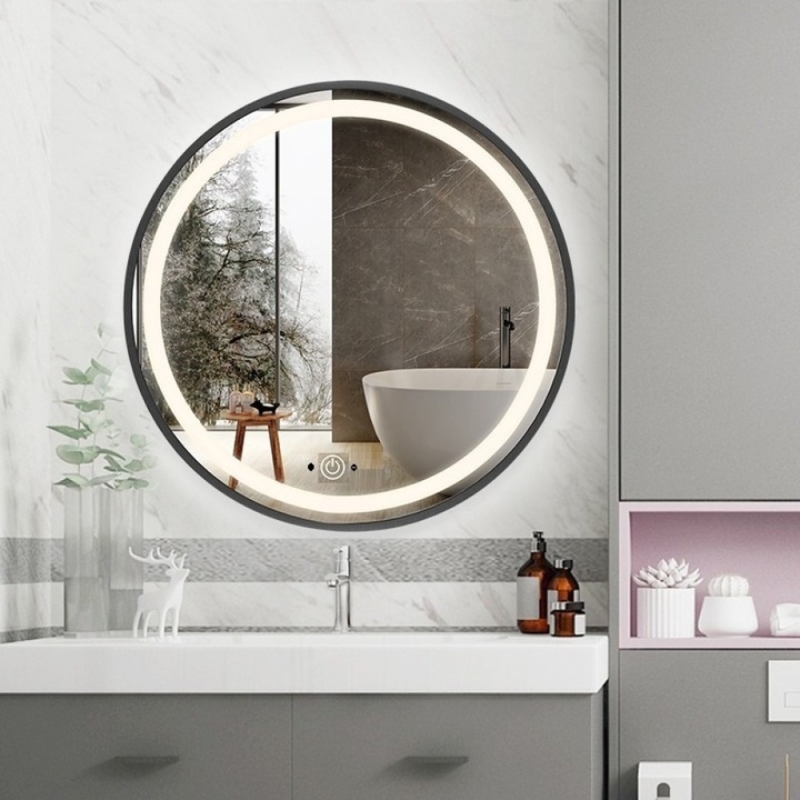 Oglinda Baie Led Cu Senzor, 70cm, Rama Negru Mat, ESN J29