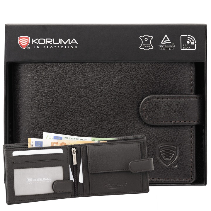 Portofel barbati din Piele Naturala, Protectie RFID, Buzunar pentru buletin, Koruma, SM-905GBR, Maro Negru