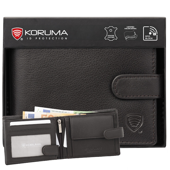 Мъжки портфейл Koruma, SM-905GBR, естествена кожа, RFID защита, черно-кафяв