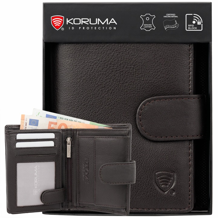 Portofel barbati, piele naturala, securitate RFID BLOCK, buzunar pentru buletin, Koruma, SM-904GBR, Maro Negru