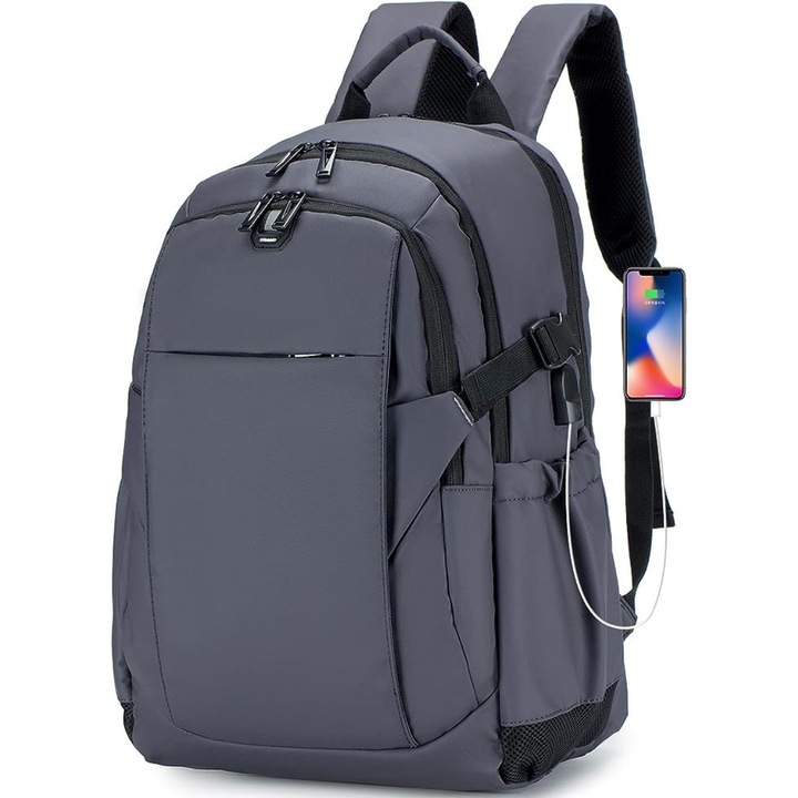 17-инчова раница за лаптоп, многофункционална - интелигентен бизнес, водоустойчива, за пътуване - съвместима с кабината на самолета, чанта с USB порт за зареждане VisionHub, множество джобове, голям капацитет, 46x30x23 CM, сива