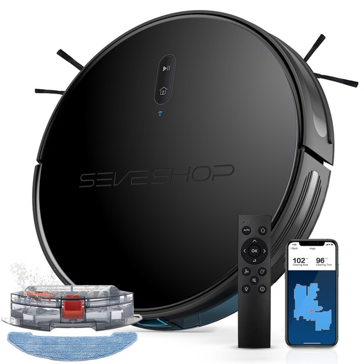 Робот Прахосмукачка с Моп SeveShop, WiFi, 2600mAh Батерия, Дистанционно Управление чрез Приложение, Технология AutoBoost за Килими, Всмукателна Мощност 2700Pa, Навигация Smart Vision Mapping, Множество Режими на Почистване и Гласов Контрол, Черен