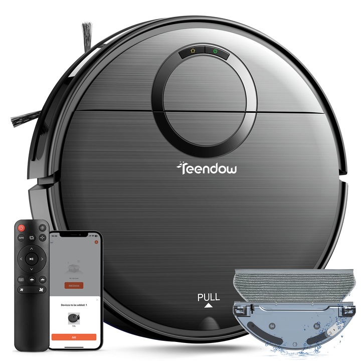 Робот Прахосмукачка За Под SeveShop® T7S Teendow, Функция 2 в 1 Прахосмукачка и Миене, 3 Нива, Контрол С Приложение, Дистанционно Управление, WiFi, AutoBoost, Срещу Падане, 2000Pa, Автономност 180 Мин, Автоматично Зареждане, Тънък Дизайн, Безшумен, Черен