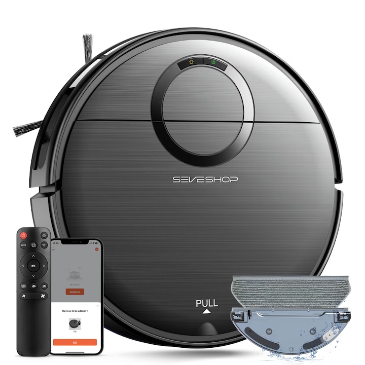 Aspirator Robot 2 In 1, SeveShop® T7s, Aspirator Robot Cu Functie Aspirare Si Spalare, Putere 2000 Pa, Aspirator Inteligent Cu Control Aplicatie si Telecomanda, Robot Aspirare WiFi, Incarcare Automata, AutoBoost, Design Slim, Alb