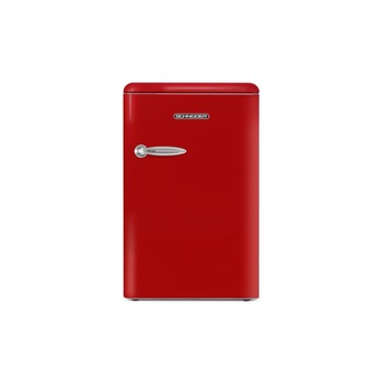 Mini frigider retro Schneider, H 87 cm, volum 109 litri, design vintage, iluminat interior LED, 1 raft din sticla, 3 compartimente pe usa, compartiment legume/fructe, control temperatura, silentios, maner cromat, rosu Mini frigider retro Schneider, H 87 cm, volum 109 litri, design vintage, iluminat interior LED, 1 raft din sticla, 3 compartimente pe usa, compartiment legume/fructe, control temperatura, silentios, maner cromat, rosu