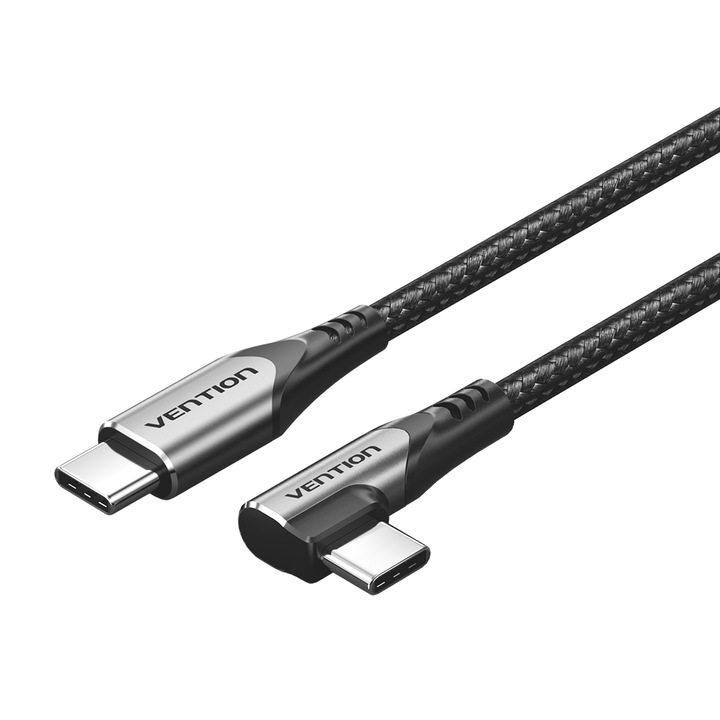 Кабел Type-C към Type-C, VENTION, 60W Max, 3A, ъгъл 90°, найлон, сив, 1m