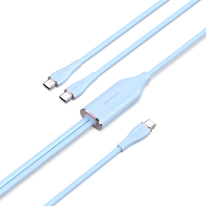 Кабел 2 в 1 USB C към 2 Type-C, VENTION, Супер бързо зареждане 100W/5A, силикон, 1.5m, Син