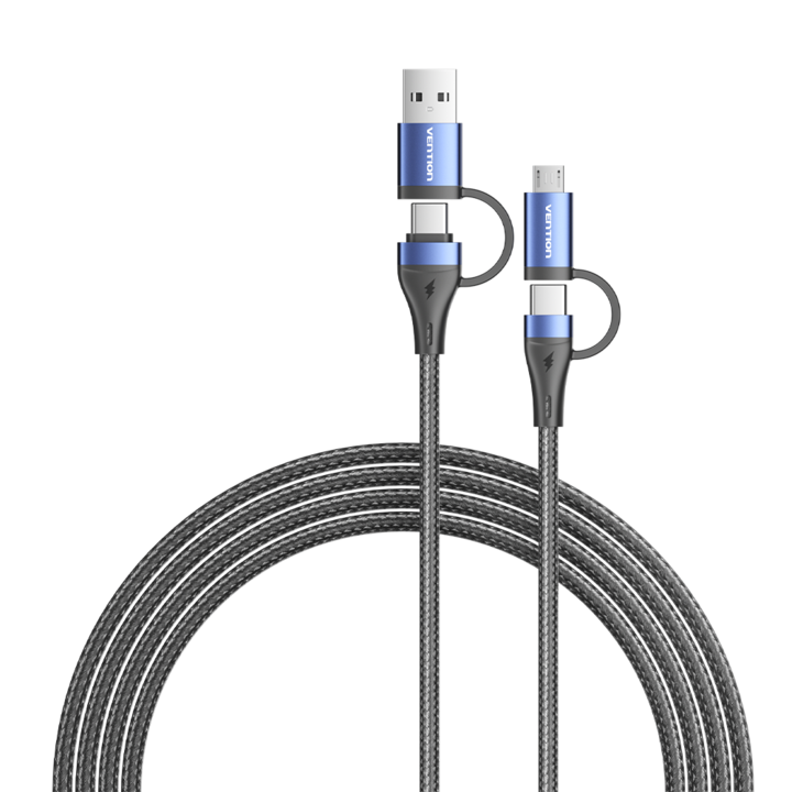 Кабел 4 in1 USB/USB-C към Mirco-B/USB-C, VENTION, 100W/5A, найлон, 1,5 м, син
