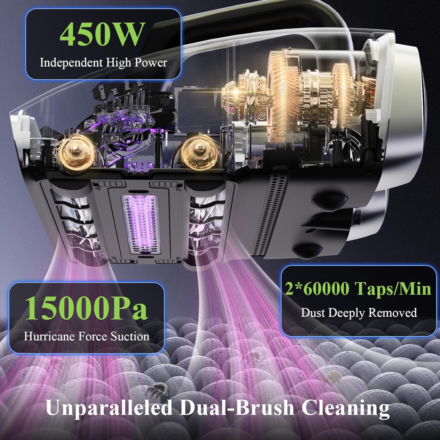 Aspirator de pat antiacarieni pentru saltele si canapele, cu lumina UV si aer cald la 60 °C, 450 W, senzor prezenta praf, putere aspirare 15000 Pa, recipient praf 300 ml, negru