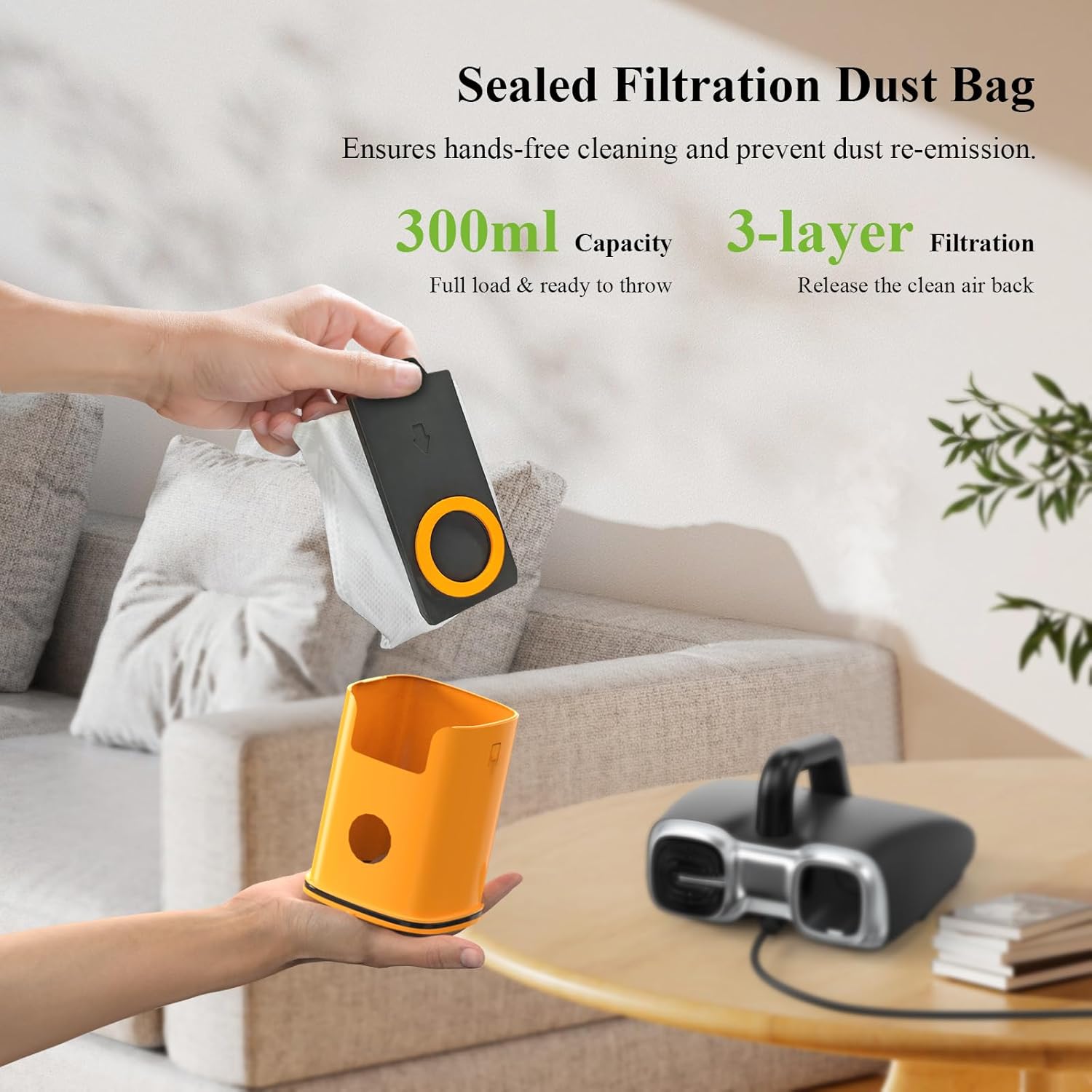 Aspirator de pat antiacarieni pentru saltele si canapele, cu lumina UV si aer cald la 60 °C, 450 W, senzor prezenta praf, putere aspirare 15000 Pa, recipient praf 300 ml, negru