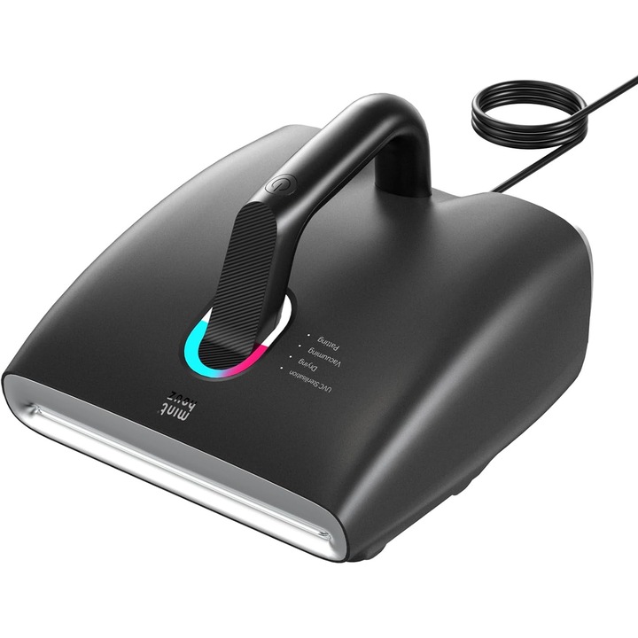 Aspirator de pat antiacarieni pentru saltele si canapele, cu lumina UV si aer cald la 60 °C, 450 W, senzor prezenta praf, putere aspirare 15000 Pa, recipient praf 300 ml, negru