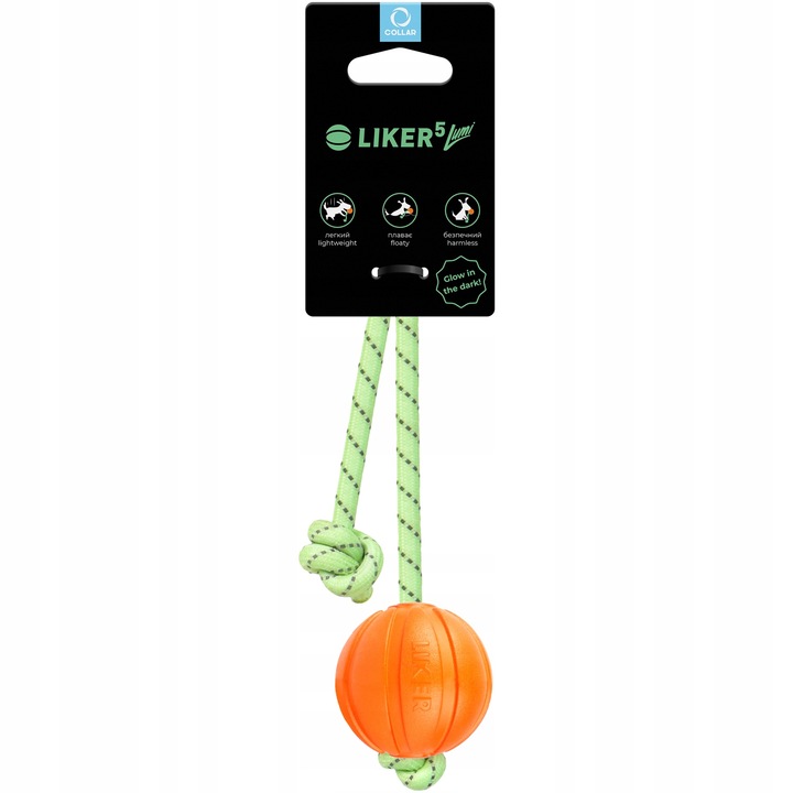 Jucarie pentru caini, Liker, Lumi, minge cu snur luminos in intuneric, pentru rase mici si catei, 5 cm