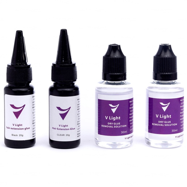 V-light black clear set de adeziv pentru extensii de par cu pieptene cu indepartare 2x