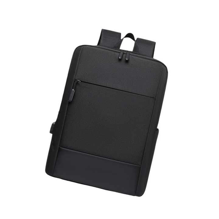 Ghiozdan negru, clasic, pentru laptop 15 inch, tableta, compartimente separate, buzunare laterale, fermoar frontal, impermeabil, port USB, confortabil, universal, 41x31x12cm