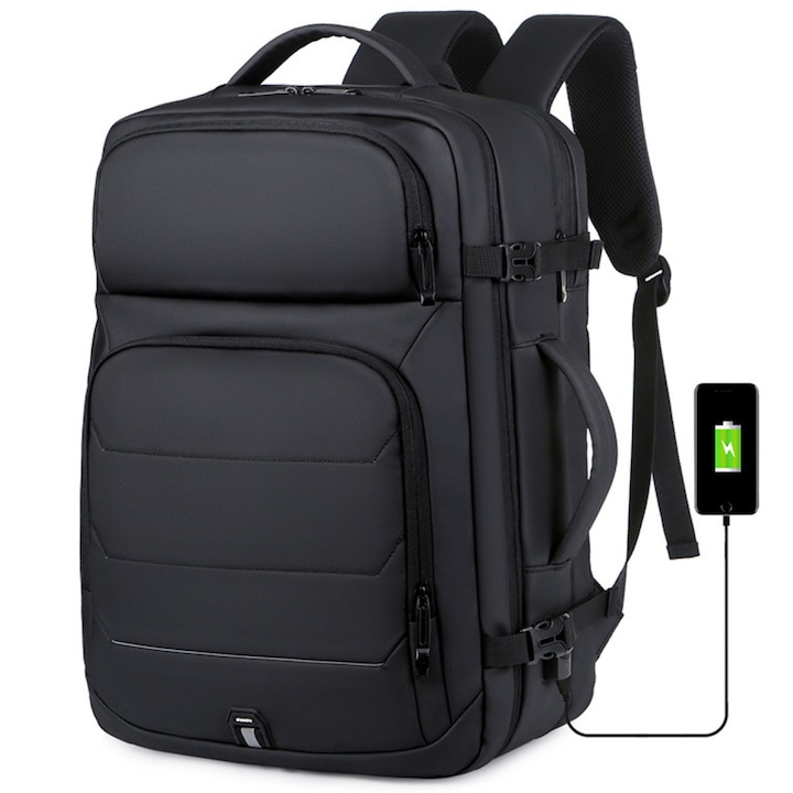 Раница за пътуване със 17-инчово пространство за лаптоп, разширяема, водоустойчива, идеална за полети - съвместима с кабината на самолета, многофункционална чанта VisionHub, с USB порт за зареждане, множество джобове, голям капацитет, 47x19x31 CM