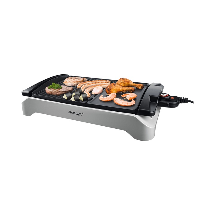 Електрическа BBQ печка Steba Germany, повърхност за готвене 43 x 30,5 см, гладка и оребрена плоча, термостат, поддържа топлина, готвене без мазнина, бързо нагряване, лесна за почистване, 2000 W, неръждаема стомана
