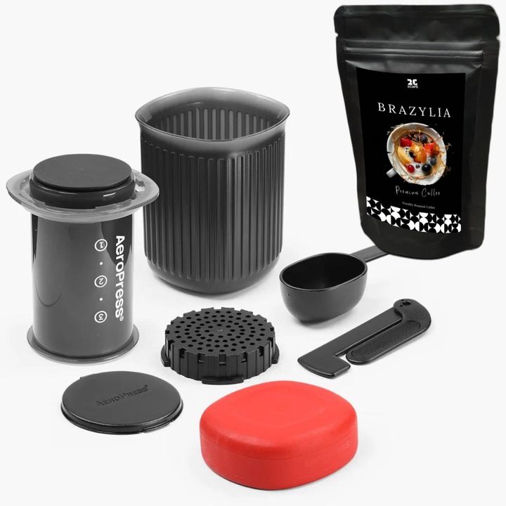 Aerobie Aeropress Go Coffee Maker, 70g cafea proaspat prajita din Brazilia, Cafea fara compromisuri, oriunde si oricand