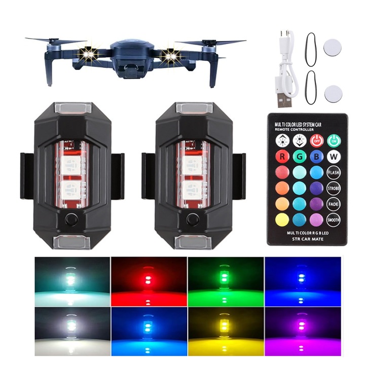 Комплект от 2 броя rgb строб светлини за дронове, светофар против сблъсък, 8 цвята, с дистанционно управление, USB зареждане, водоустойчиви, подходящи за автомобили, мотоциклети, велосипеди