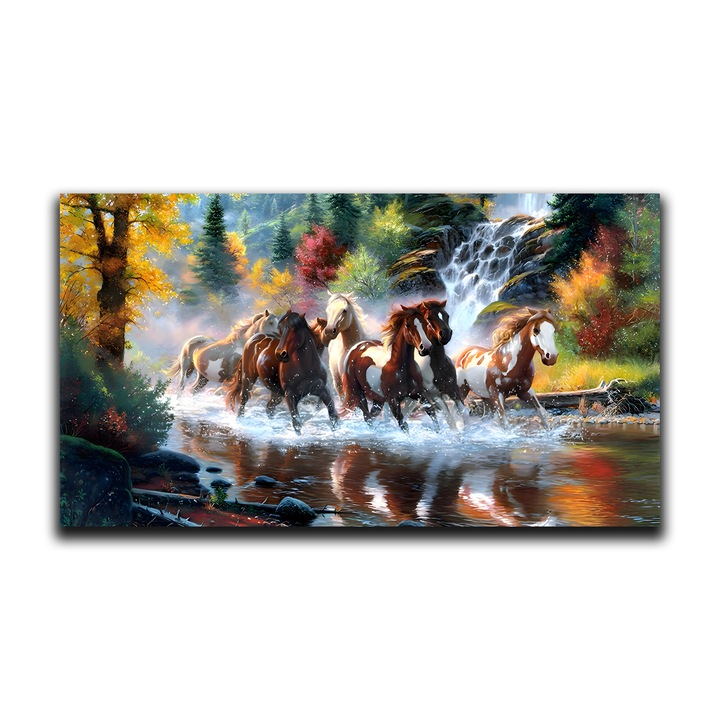 Картина на платно, LuxCanva® C1259, Галопиращи коне в дивата природа, 60 X 110 CM, 100% памучно платно 400g/m2, Дървена рамка, Релаксация, Всекидневна, Живи цветове